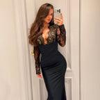 Elegant Evening Dress with Lace Inserts and Wrap Design