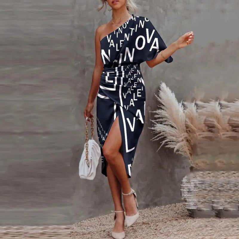 Women's Asymmetrical Wrap Dress with Graphic Print and Side Slit