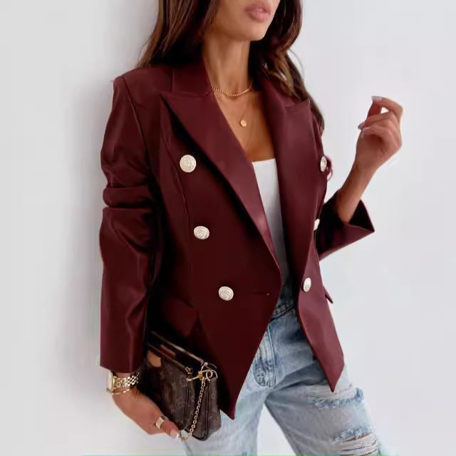 Women's Elegant Double-Breasted Faux Leather Blazer