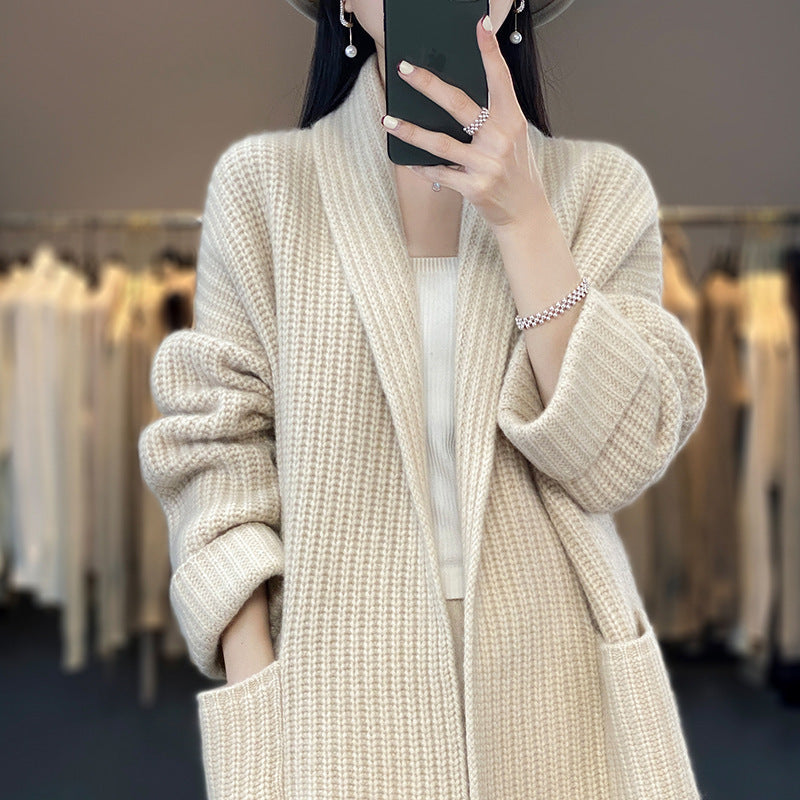 Women's Chunky Knit Cardigan with Elegant Lapels and Waist Belt