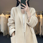 Women's Chunky Knit Cardigan with Elegant Lapels and Waist Belt