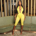 Women's Form-Fitting Deep V-Neck Jumpsuit with Tie Belt