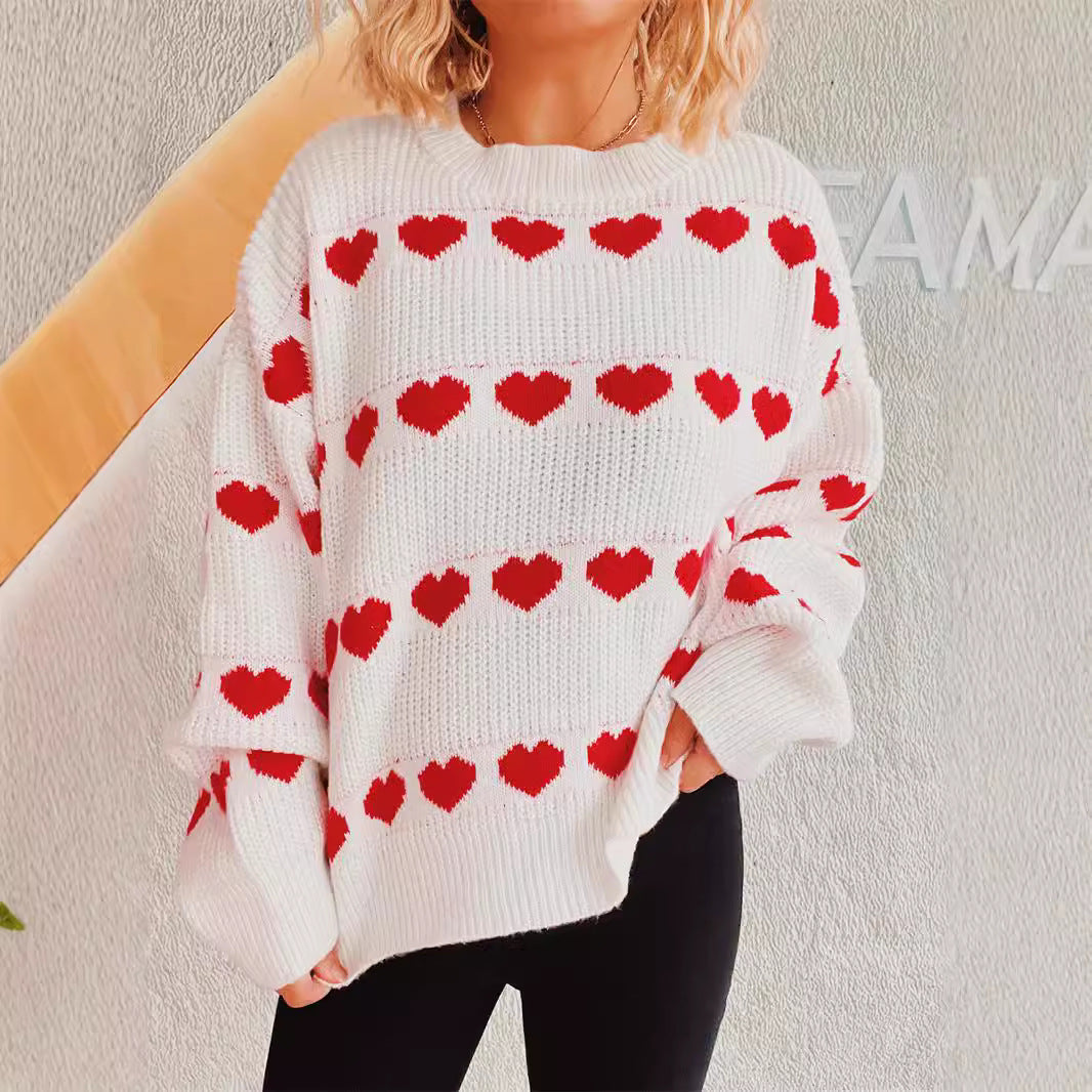Cozy Heart Pattern Knit Sweater with Wide Sleeves