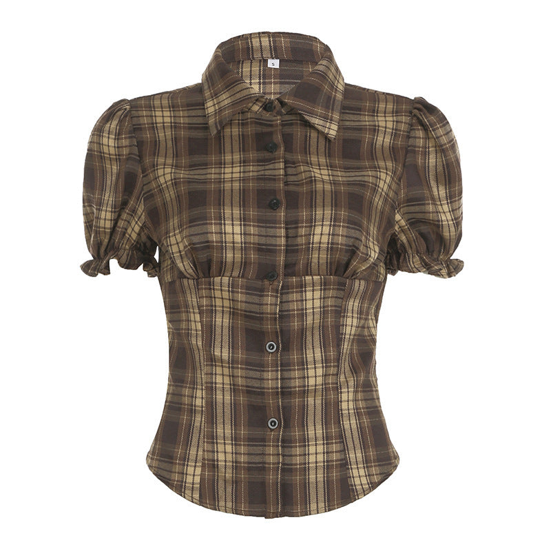 Women's Plaid Shirt with Puff Sleeves and Button Detail