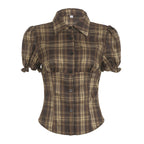 Women's Plaid Shirt with Puff Sleeves and Button Detail