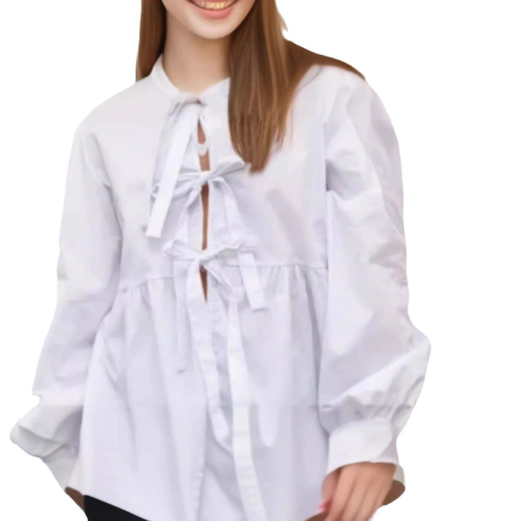 Women's Blouse with Ruffle Sleeves and Tie