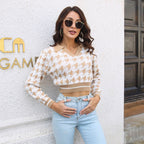 Women's Cropped Sweater with Classic Houndstooth Pattern and Polo Collar