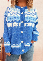 Women's Cozy Cardigan with Blue Patterns and Button Closure