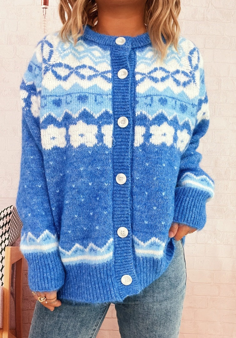 Women's Cozy Cardigan with Blue Patterns and Button Closure