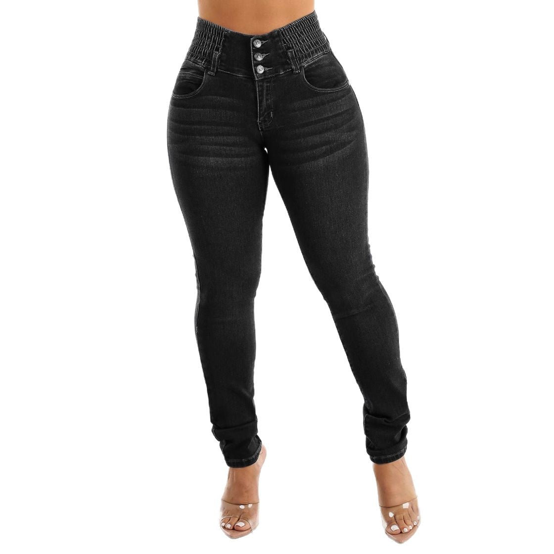 Women's High-Waist Skinny Jeans with Elastic Waistband
