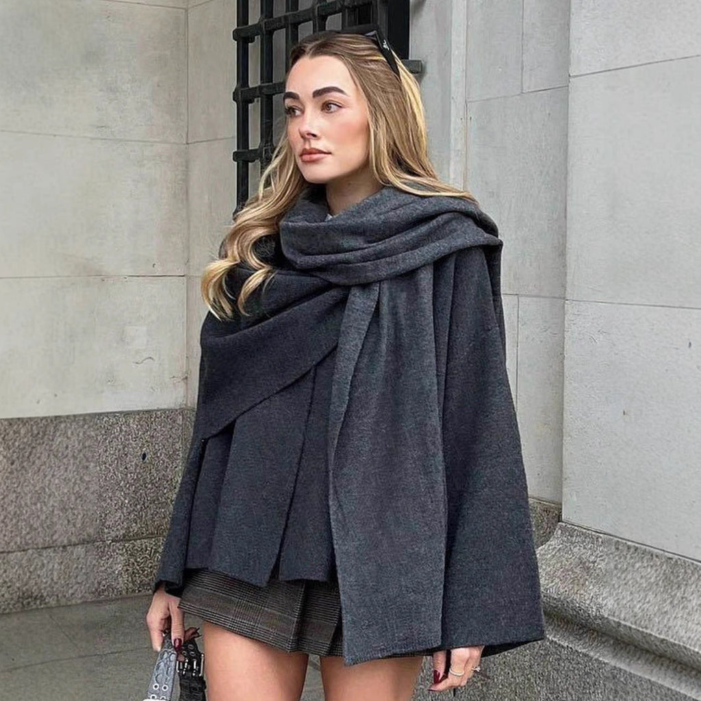 Women's Elegant Wool Cape Jacket with Asymmetrical Hem