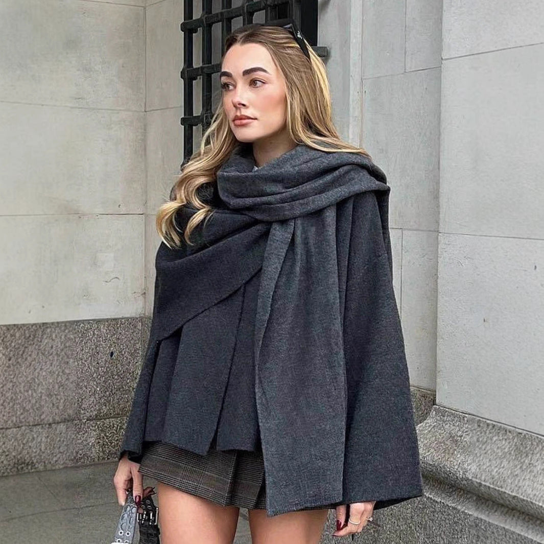 Women's Elegant Wool Cape Jacket with Asymmetrical Hem
