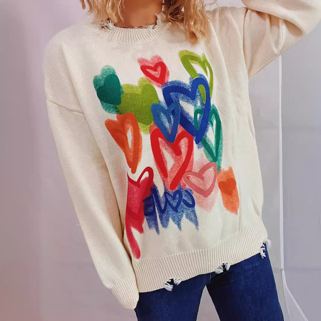 Women's Casual Sweater with Colorful Heart Motif