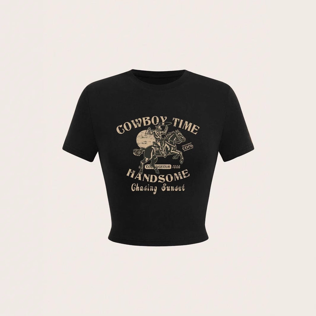 Women's Crop Shirt with Eye-Catching Cowboy Motif and Stylish Cut