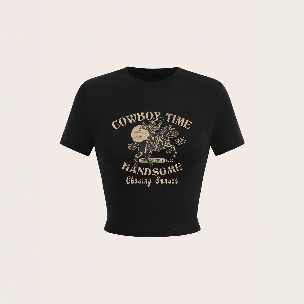 Women's Crop Shirt with Eye-Catching Cowboy Motif and Stylish Cut