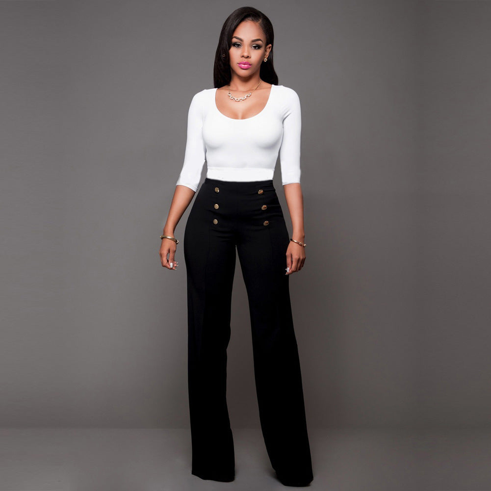 Women's High-Waisted Palazzo Pants with Decorative Buttons