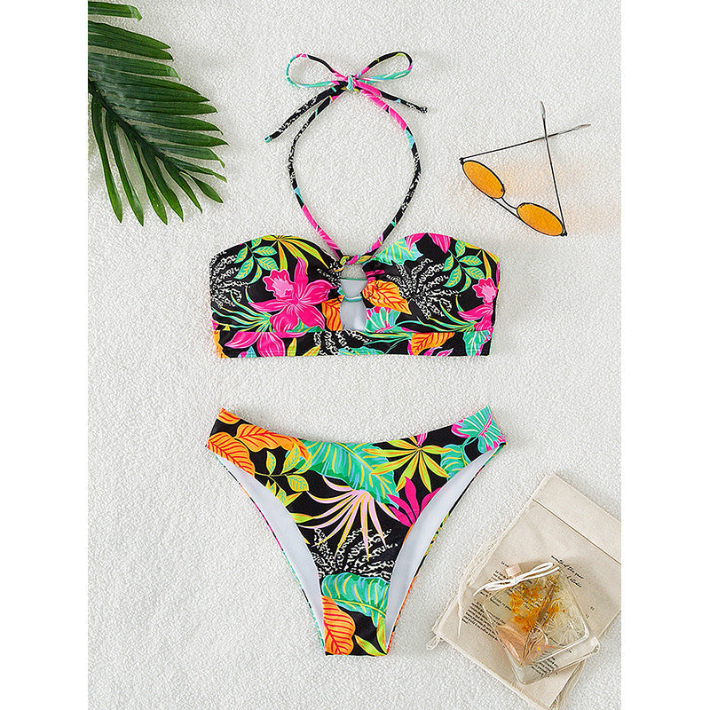 Women's Floral Bandeau Bikini with Ring Detail