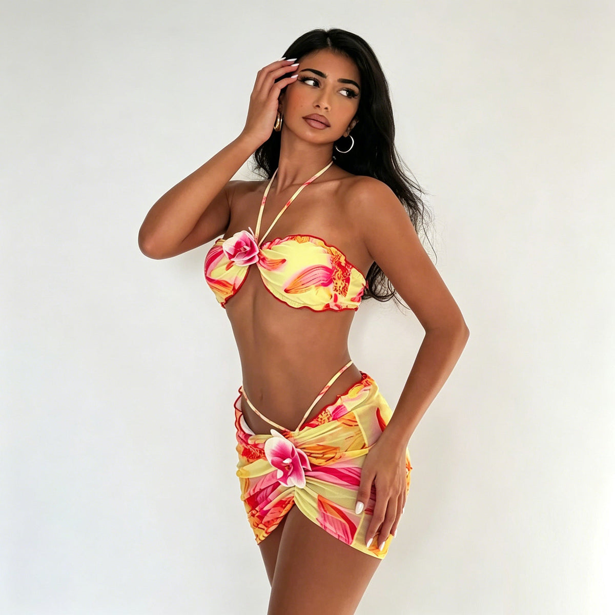 Women's Bandeau Bikini with Floral Wrap Skirt