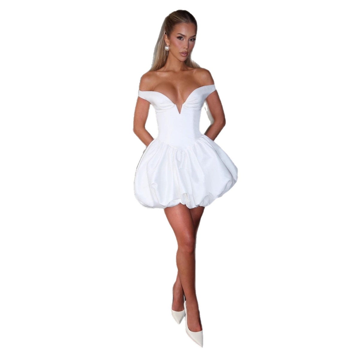 Women's Cocktail Dress with Elegant V-Neck and Voluminous Skirt