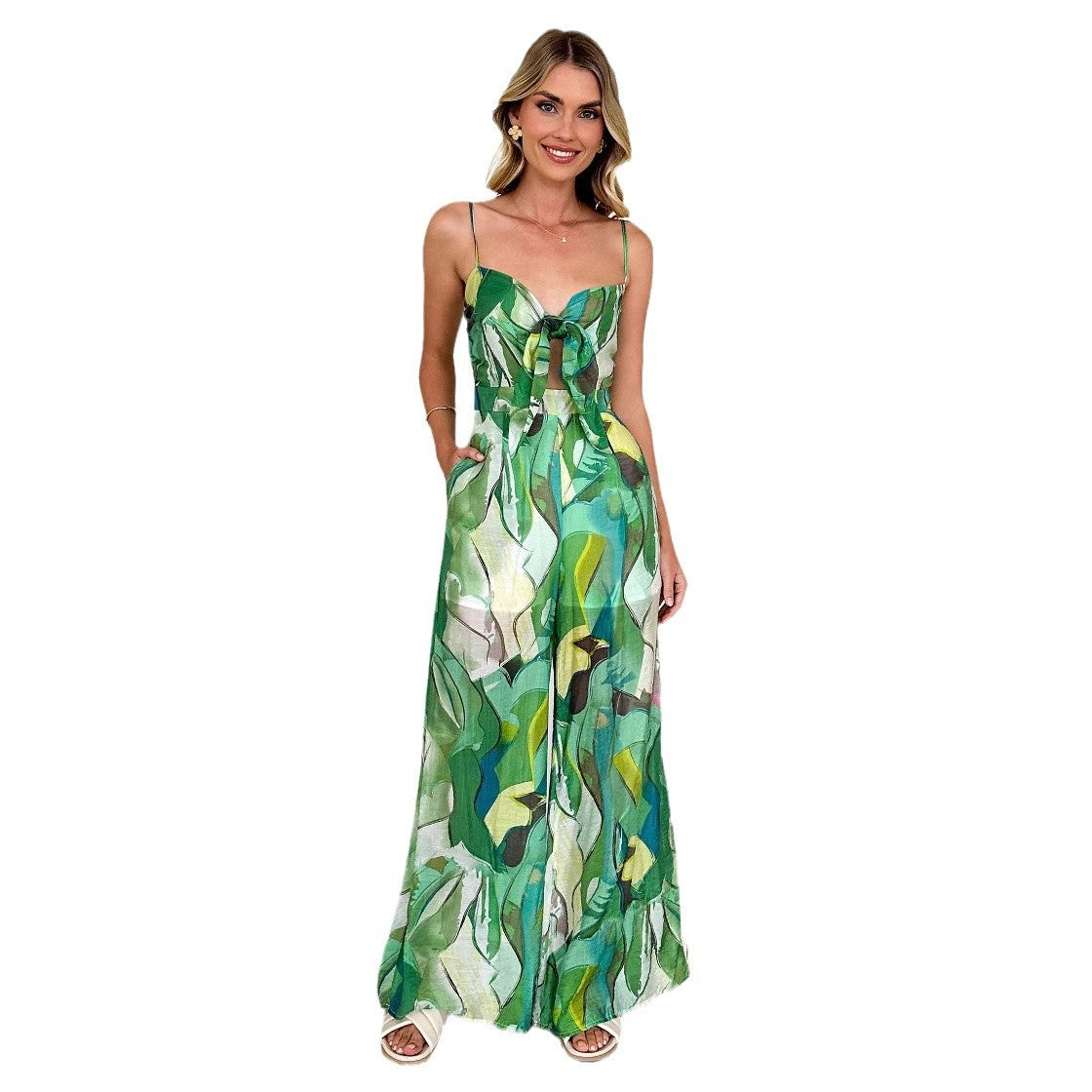 Elegant Women's Floral Jumpsuit with Adjustable Spaghetti Straps