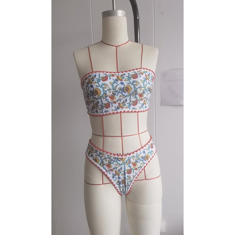 Women's Floral Bandeau Bikini with Ruffle Hem