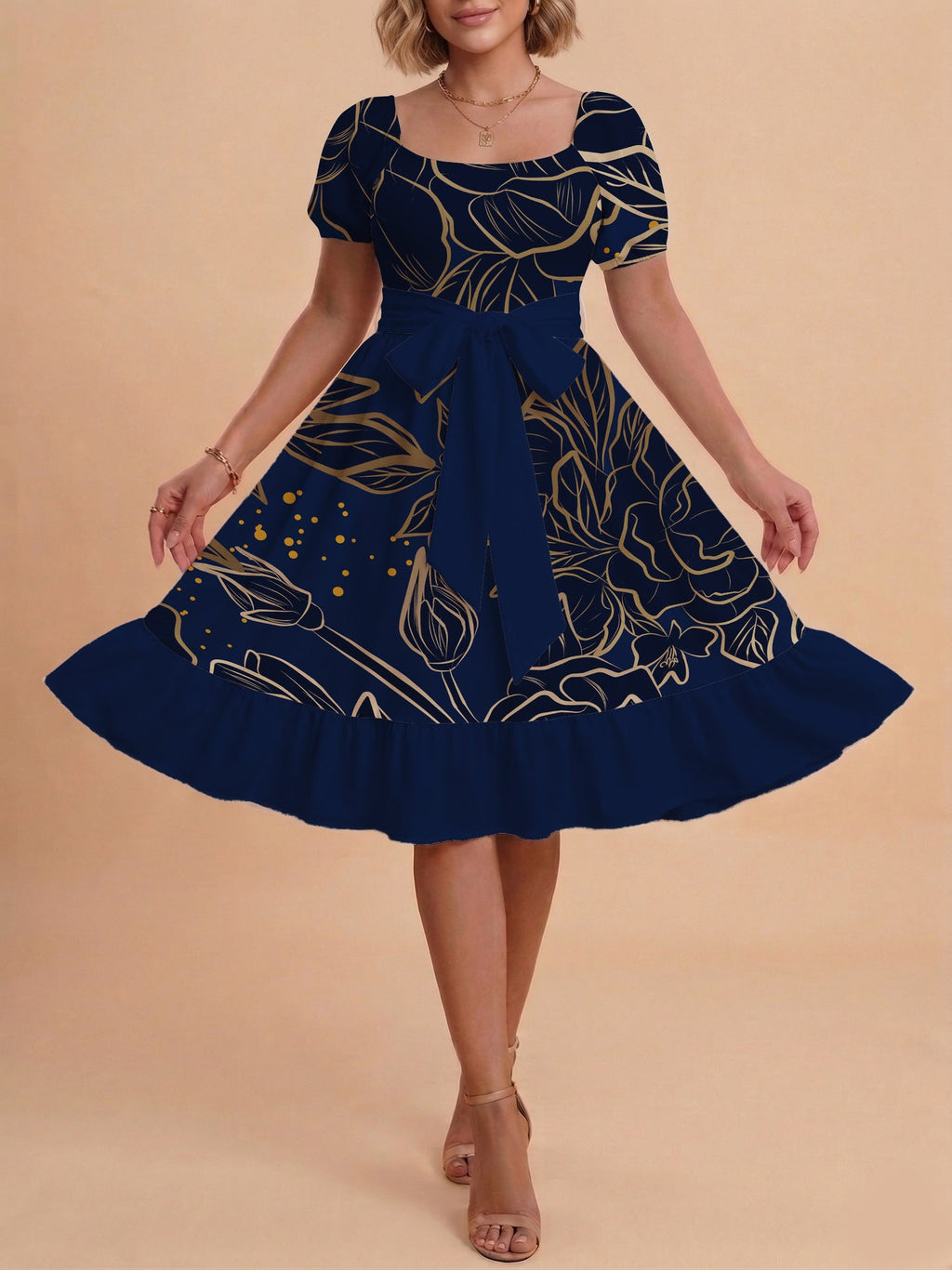Women's A-Line Dress with Floral Motifs and Adjustable Belt
