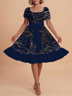 Women's A-Line Dress with Floral Motifs and Adjustable Belt
