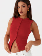 Sleeveless Ribbed Button-Down Top