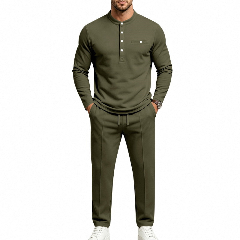 Men's Two-Piece Leisure Set with Henley Long Sleeve Shirt and Jogging Pants