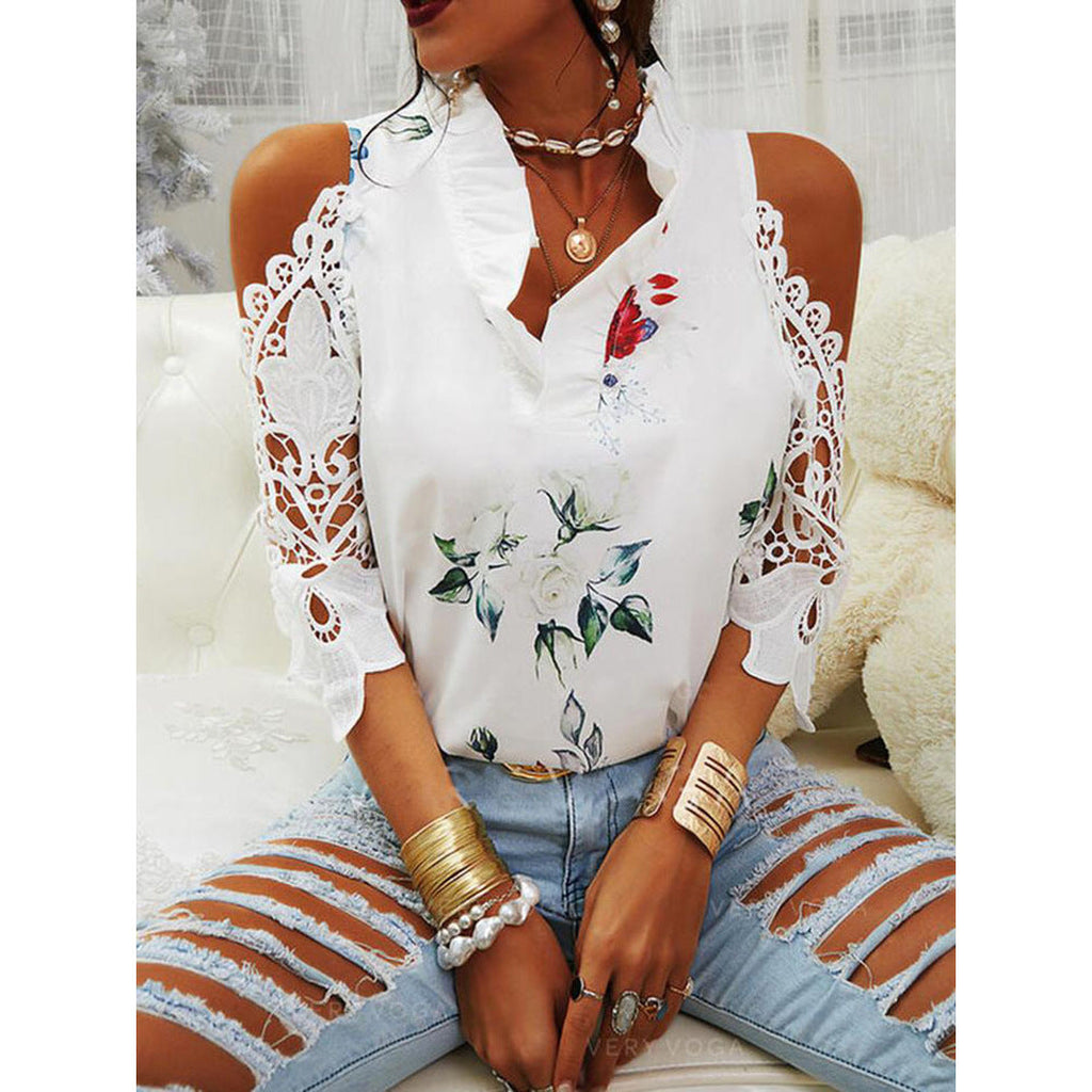 Women's Blouse with Cut-Out Sleeves and Floral Design