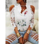 Women's Blouse with Cut-Out Sleeves and Floral Design