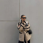 Women's Fashionable Oversized Coat with Belt and Graphic Contrasts