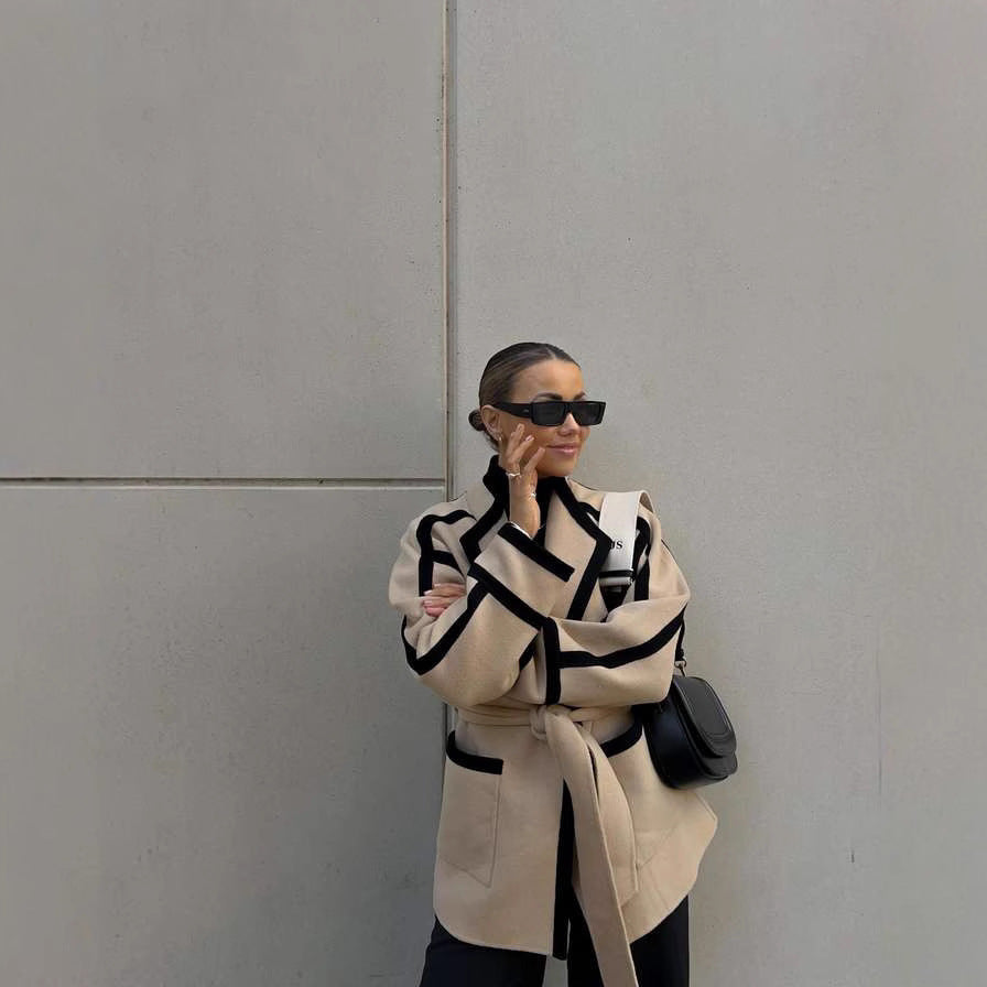 Women's Fashionable Oversized Coat with Belt and Graphic Contrasts