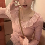 Women's Long-Sleeve Blouse with Lace Collar and Decorative Ruffled Hem
