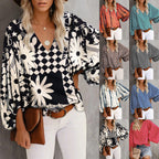 Women's Blouse with Wide Puff Sleeves and V-Neck
