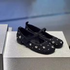 Women's Ballet Flats with Floral Glitter Accent and Adjustable Strap