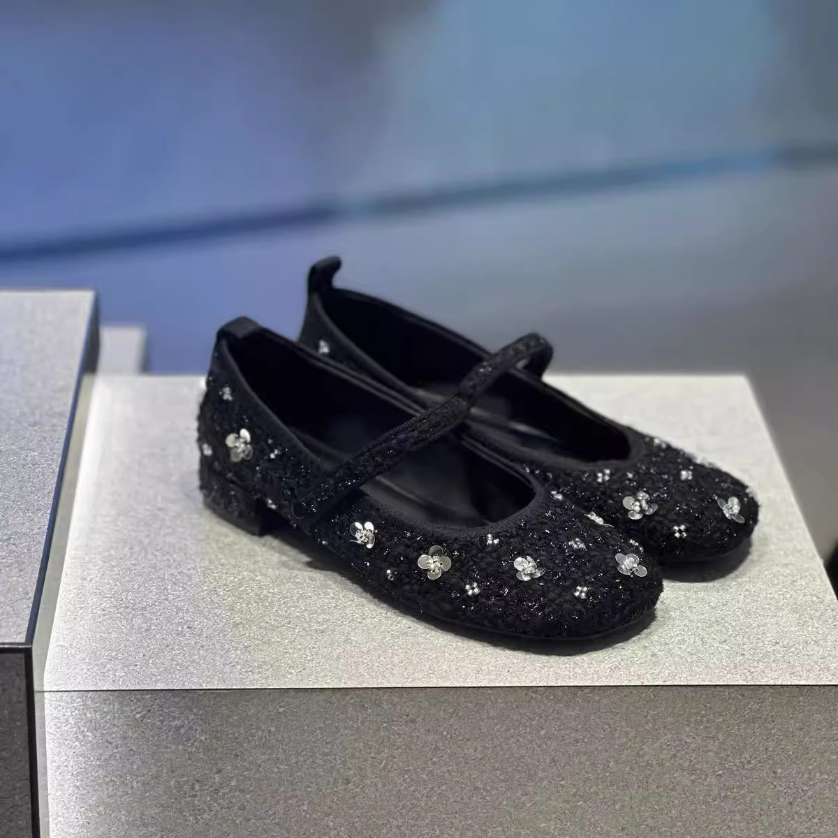 Women's Ballet Flats with Floral Glitter Accent and Adjustable Strap