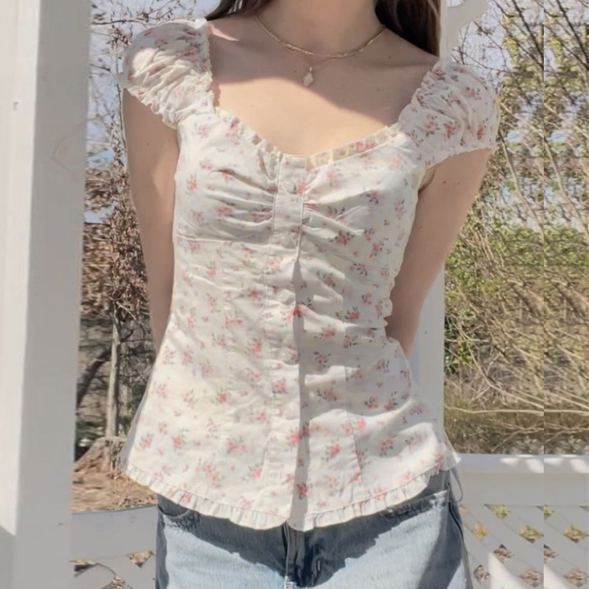 Women's Floral Blouse with Ruffle Details
