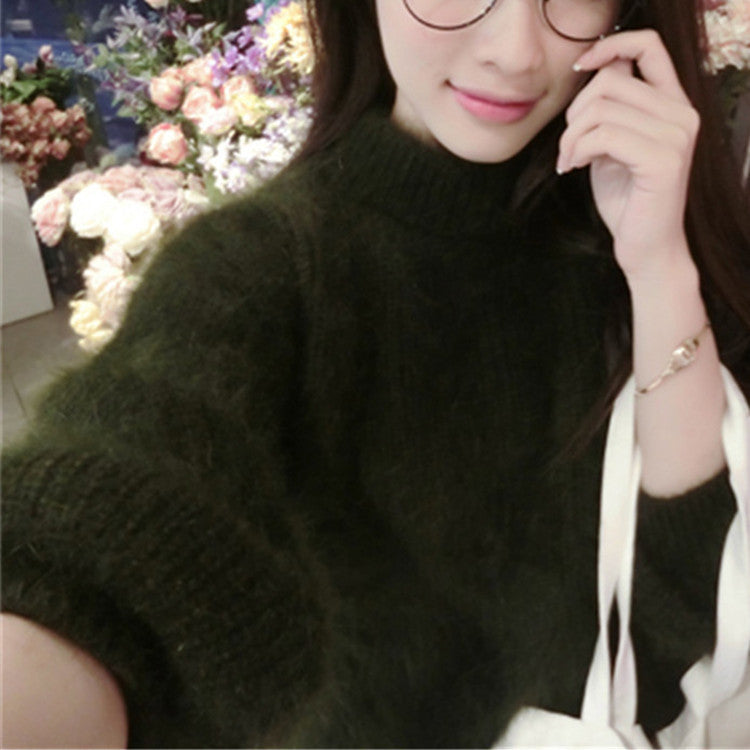 Women's fluffy turtleneck pullover with puff sleeves and textured design