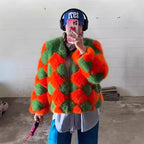 Women's Bold Faux Fur Jacket with Plaid Pattern and Cropped Cut