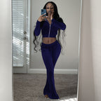 Women's Comfortable Velour Lounge Set with Zip-Up Top and Wide Leg