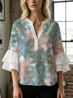 Women's Floral Top with Voluminous Ruffled Sleeves