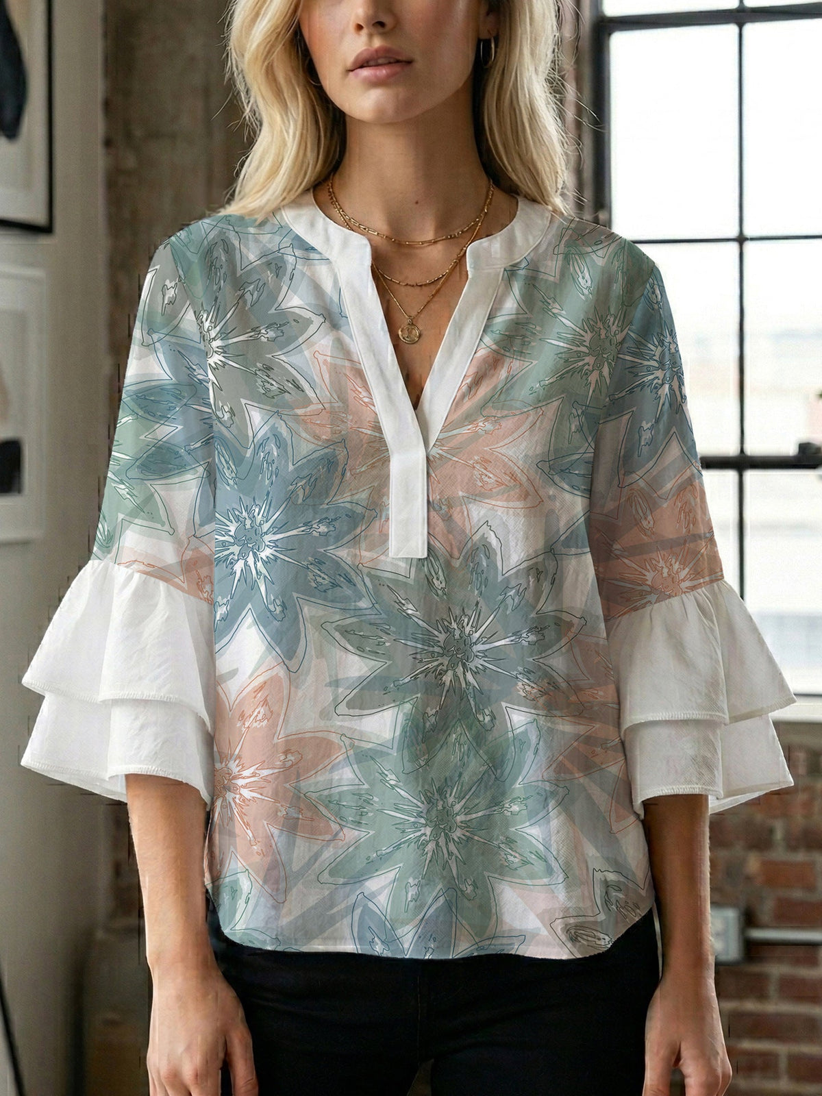 Women's Floral Top with Voluminous Ruffled Sleeves