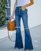 Women's Flared Jeans with Frayed Hem and High Waist