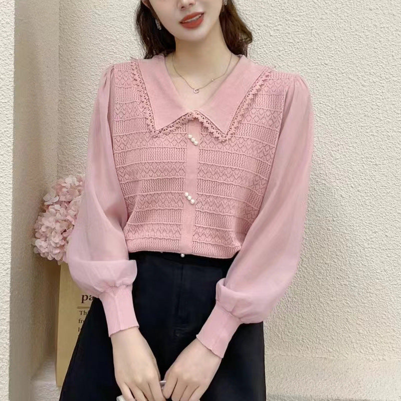 Blouse with Lace Collar and Decorative Buttons