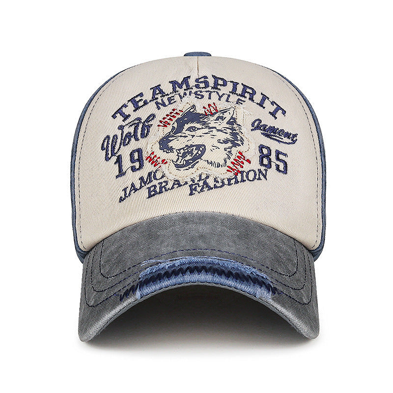Men's Vintage-Inspired Embroidered Wolf Cap
