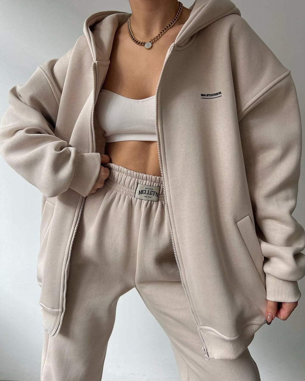 Women's Oversized Hooded Sweat Jacket and High-Waist Jogging Pants Set