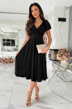 Women's A-Line Dress with Puff Sleeves and V-Neck
