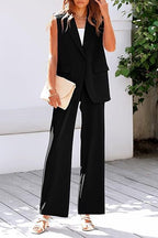 Women's Sleeveless Blazer Set with Wide-Leg Trousers