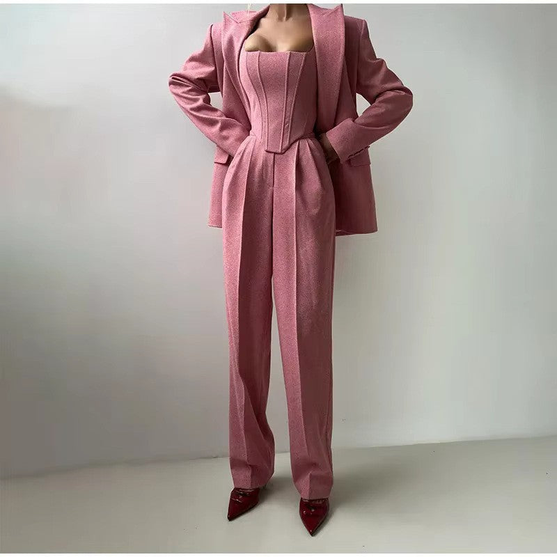 Blazer Suit with Fitted Top and Wide-Leg Trousers